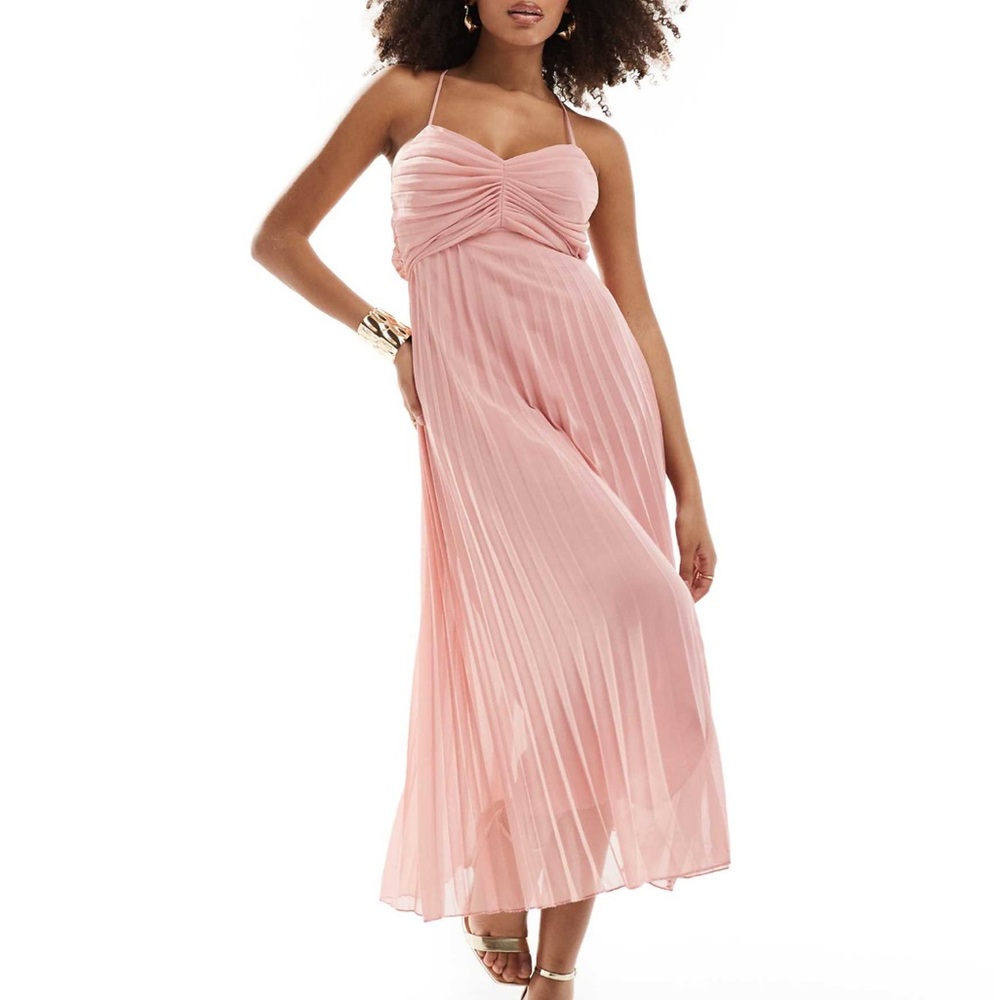 ASOS blush pink pleated bodice midi dress strappy cut out tie back BRAND NEW